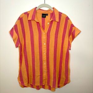 Gap Gauze Blouse Pink Orange Stripe Womens M NWT Button Up Short Sleeve Colorful